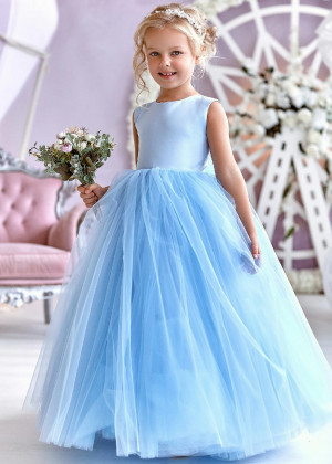 Beaded Blue Satin Tulle Heart Back Flower Girl Dress
